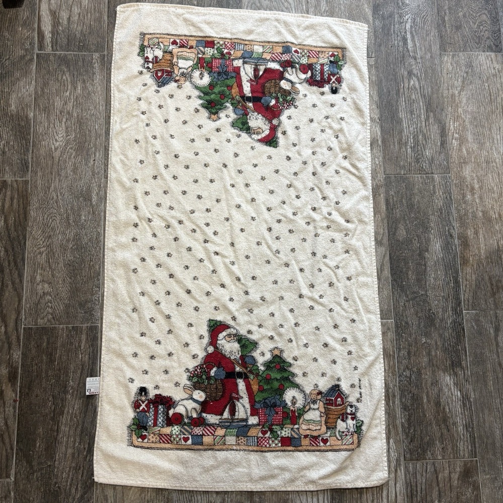 Vintage Cannon 100% Cotton Merry Christmas Santa Bath Towel 40"x23" Made in USA